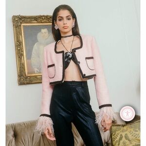 Chic Pink Cropped Jacket with Black Trim